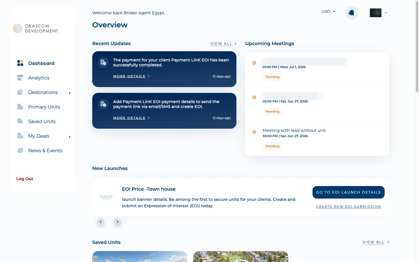 Broker app dashboard — recent updates, launches, and unit/EOI shortcuts (names blurred).