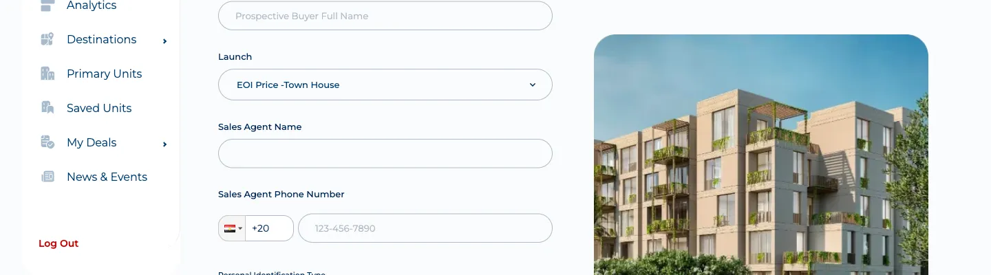 Broker “Create EOI” form — the agent fills the client’s details and unit preferences.