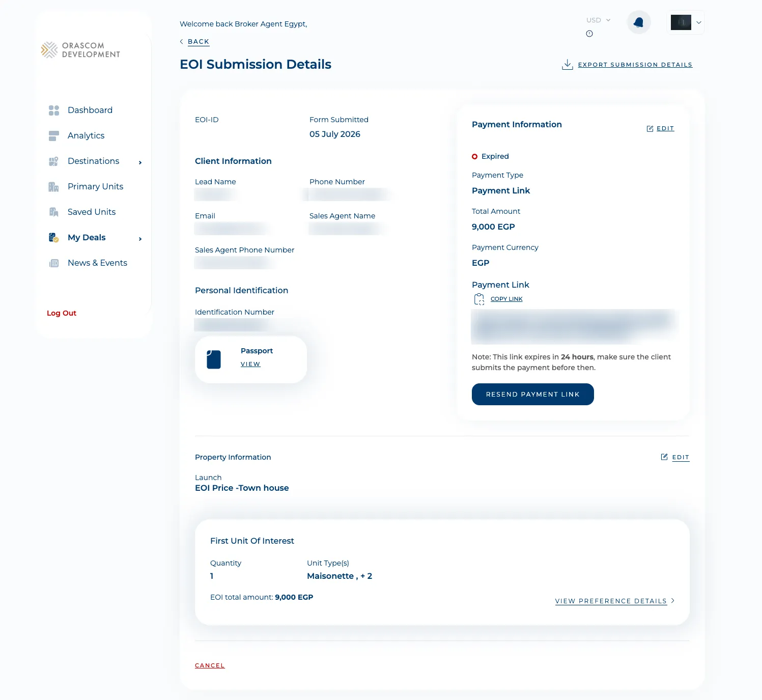 Broker “EOI Submission Details” — client info, payment link, and units of interest (client name, phone, email, national ID, and the payment token all blurred).