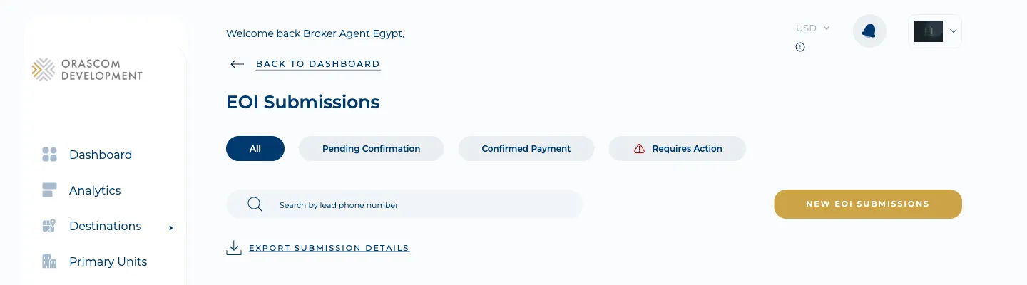 Broker “EOI Submissions” list — All / Pending Confirmation / Confirmed Payment / Requires Action tabs.