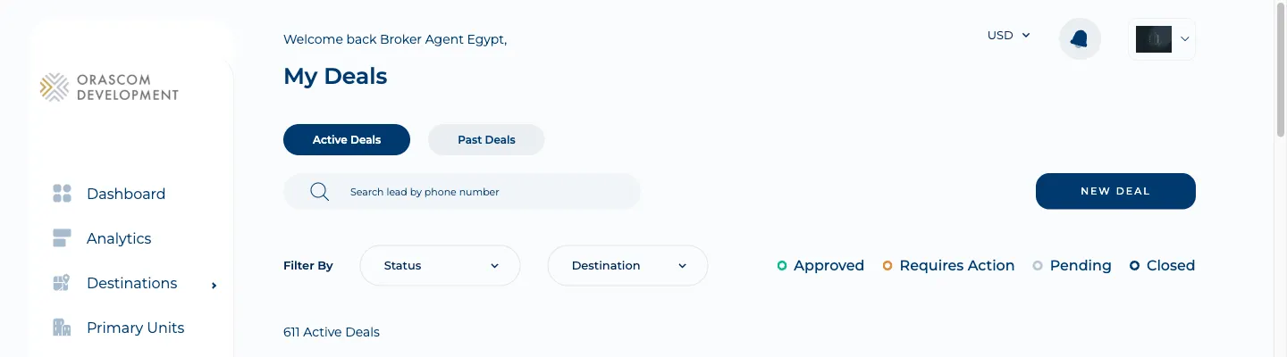 Broker portal — My Deals (leads list): Active/Past tabs, phone search, status filters, and the New Deal button.