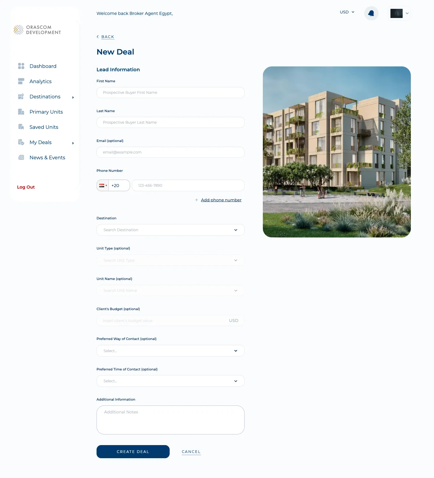 Broker portal — the New Deal form: First/Last name, Email, Phone (up to 3), Destination, Unit type/name, Client’s budget, Preferred way/time of contact, Additional information.
