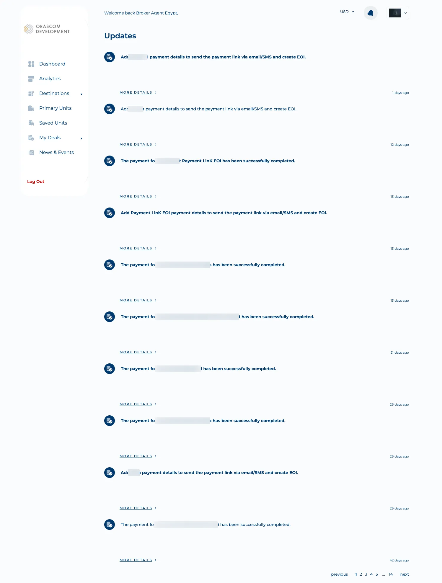 Broker notifications — the recent-updates feed (client names blurred).