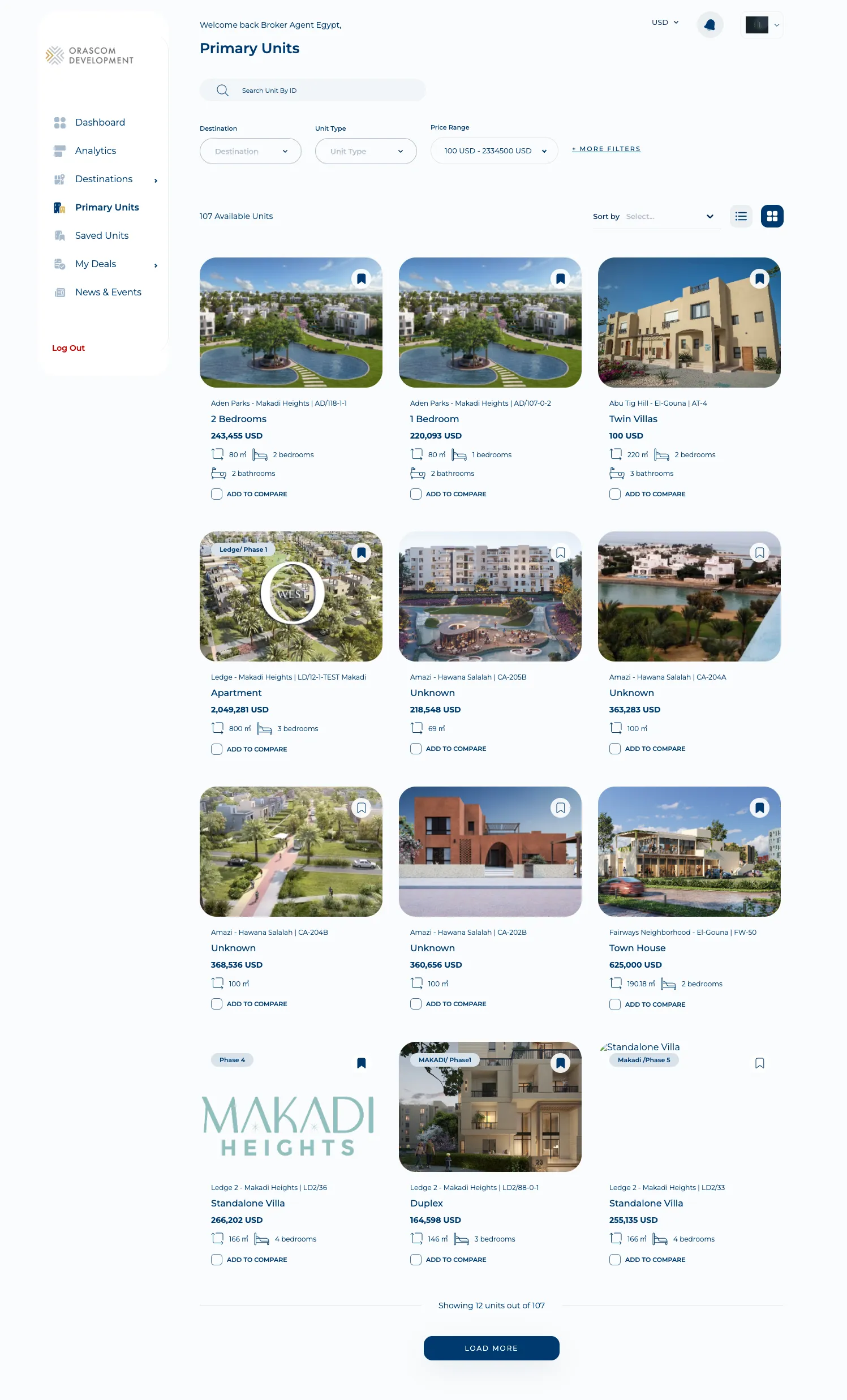 Broker “Primary Units” — the units listing grid with filters.