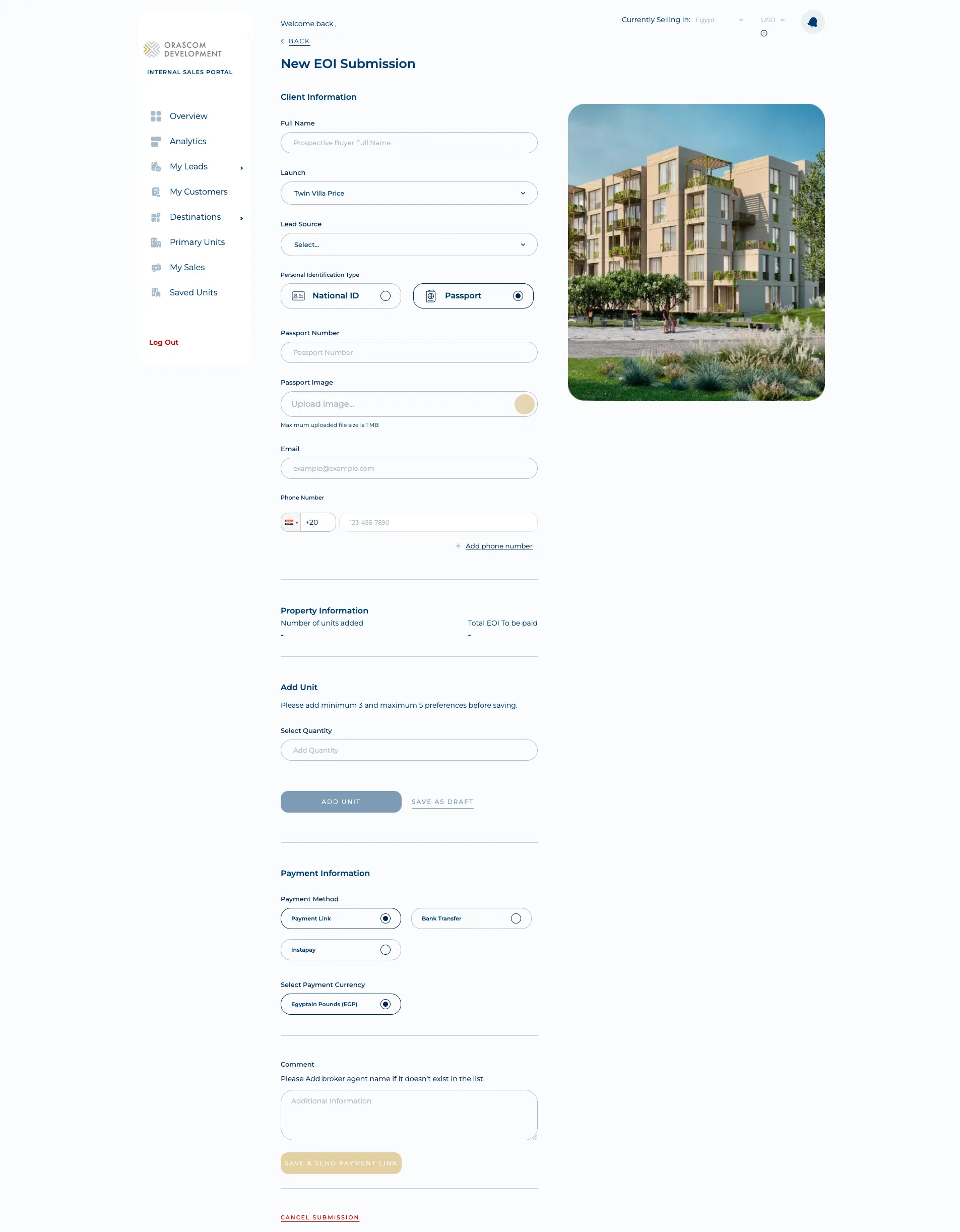 Sales-Man New EOI Submission form — client information, personal-ID type, launch, add-unit preferences, and payment method (blank form, no PII).
