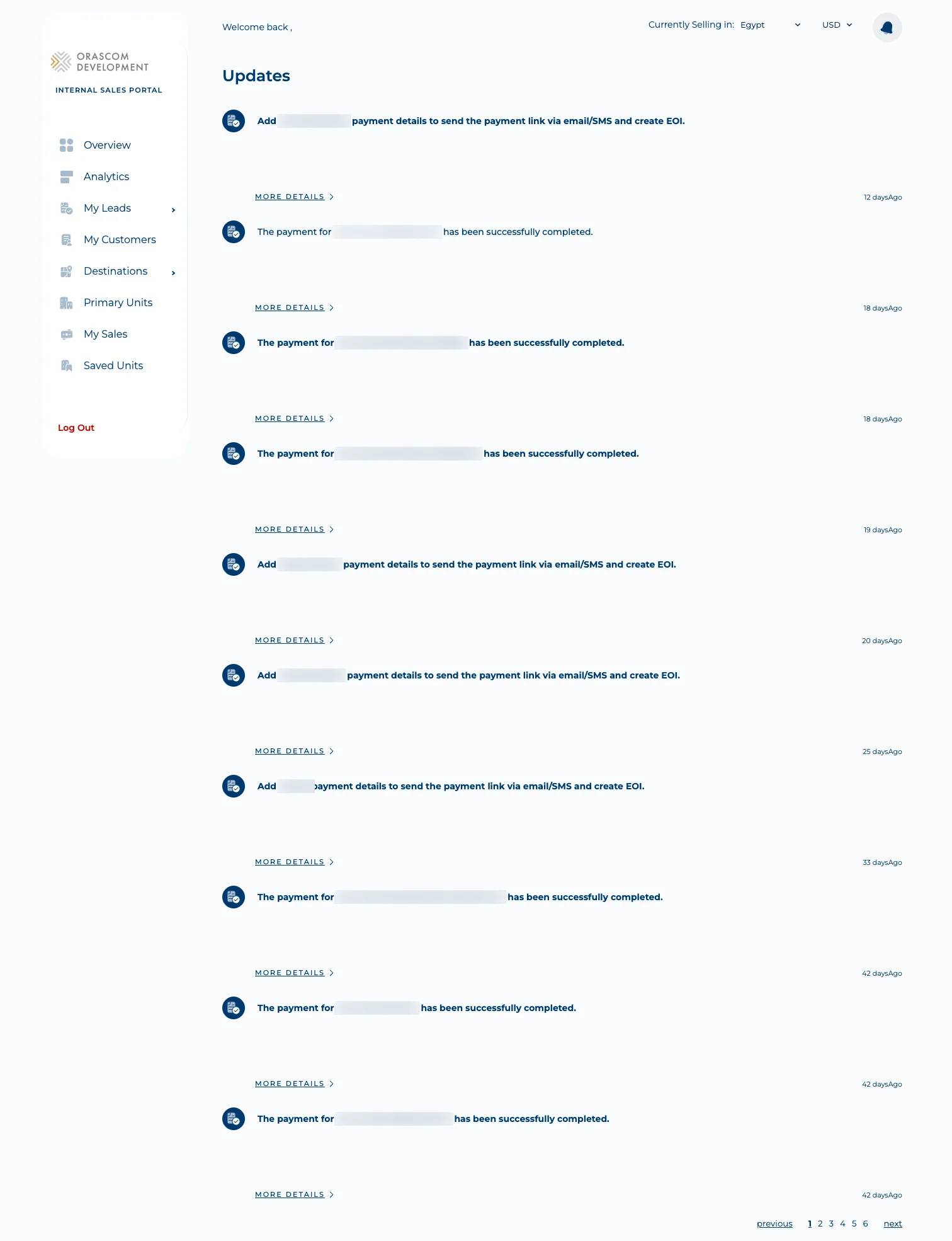 Sales-Man notifications — a paginated feed of payment-completed and “add payment details” updates (client names blurred).