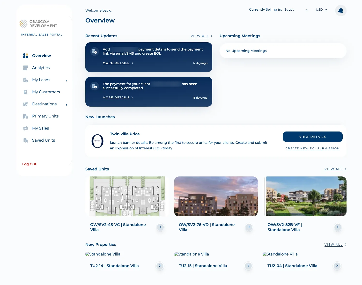 Sales-Man Overview dashboard: recent updates, upcoming meetings, new launches, and saved-units / new-properties shortcuts (client names blurred).