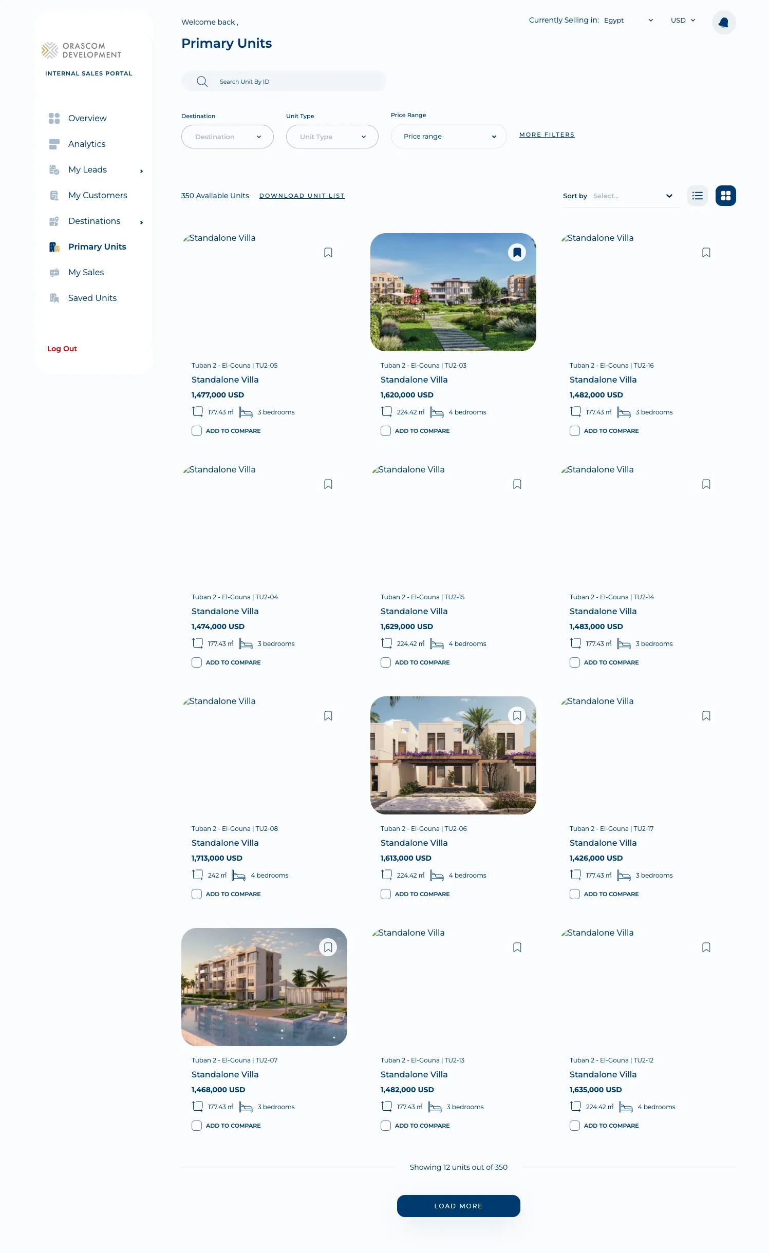 Sales-Man “Primary Units” — the new-units inventory grid with per-unit cards and filters.