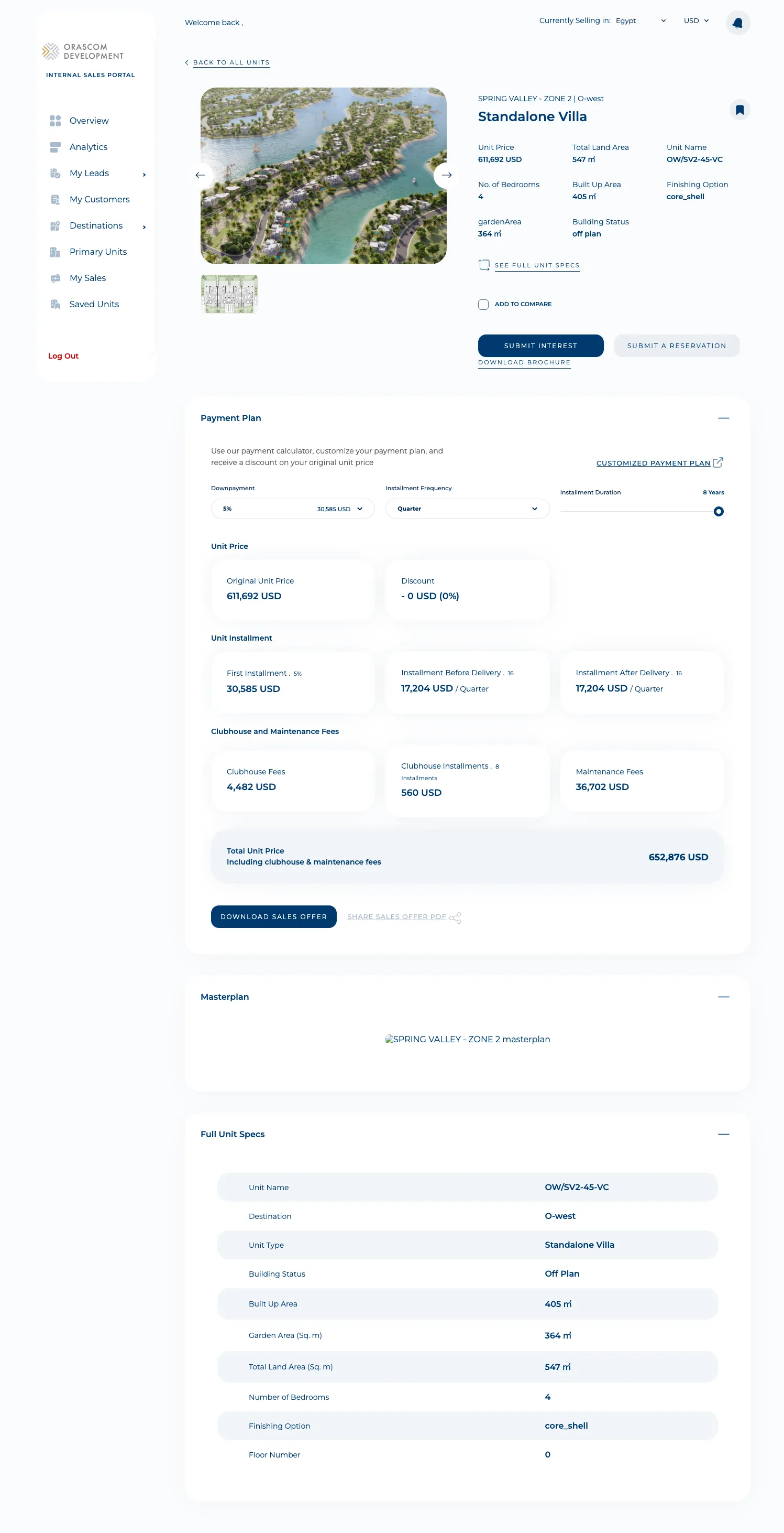 Sales-Man unit-details — a single unit with media, payment terms, and the sales-offer / start-deal actions.