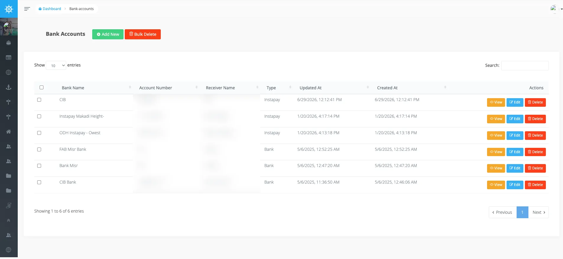 Voyager Bank Accounts BREAD — bank and instapay accounts by name and type (account number + receiver name blurred).