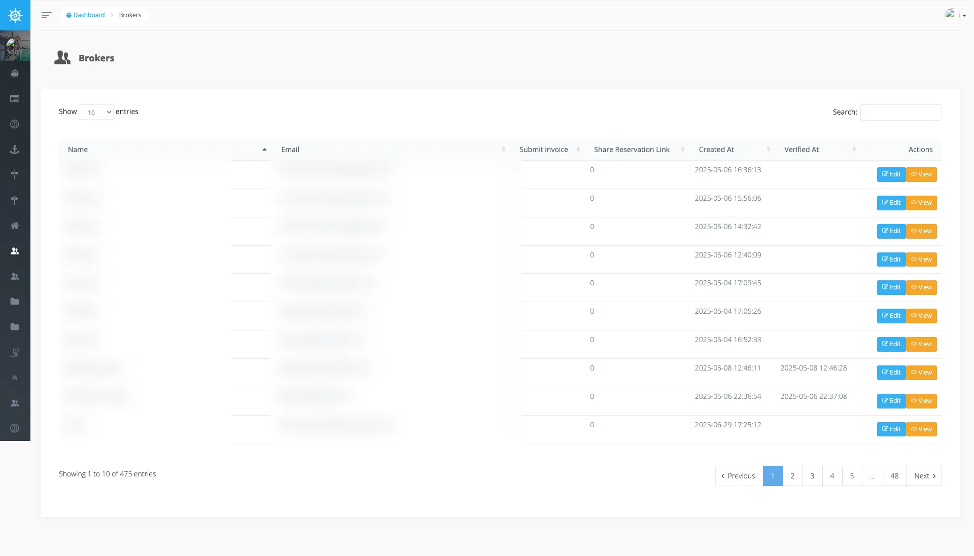 Voyager Brokers BREAD — broker accounts with verify state and actions (name + email columns blurred).