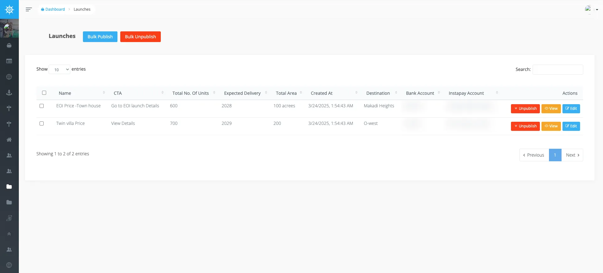Voyager Launches BREAD — launches with unit counts, delivery, destination, and payment accounts (bank + instapay columns blurred).