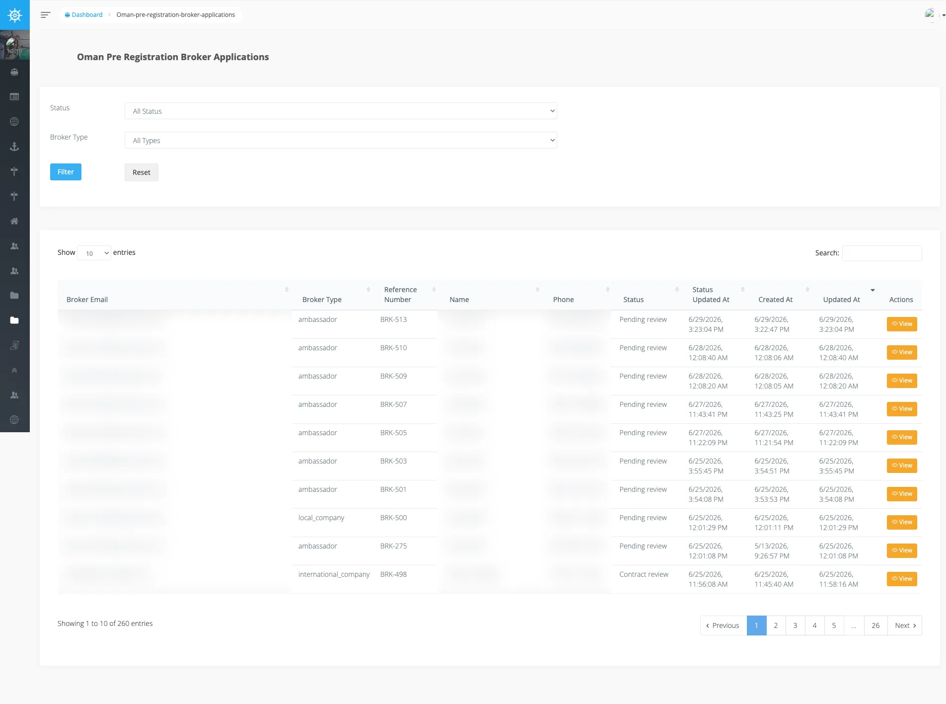 Voyager Oman Pre-Registration Broker Applications BREAD — status/type filters and per-application review rows (email, name, phone columns blurred; 260 applications).