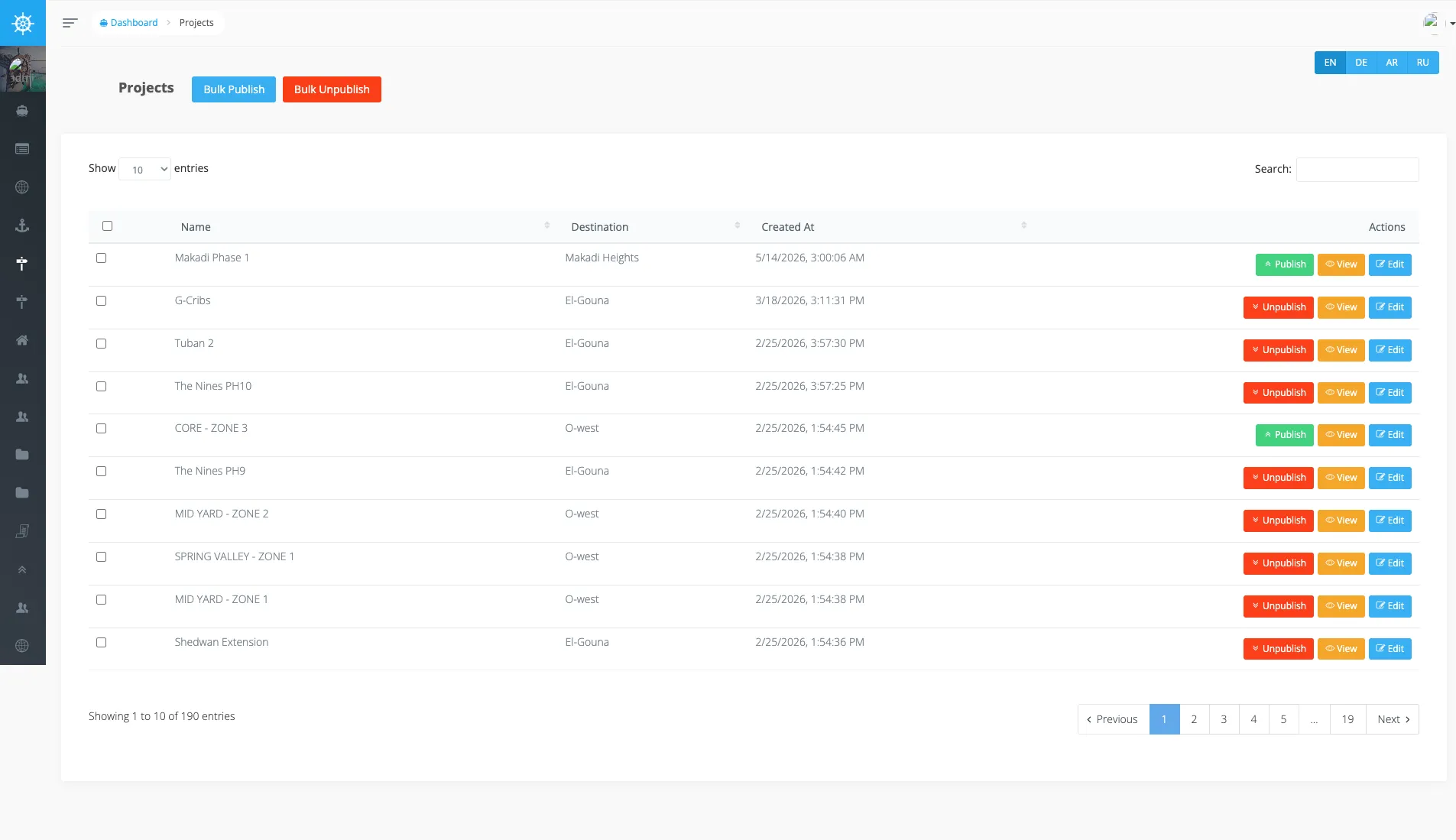 Voyager Projects BREAD — projects listed by name and destination.