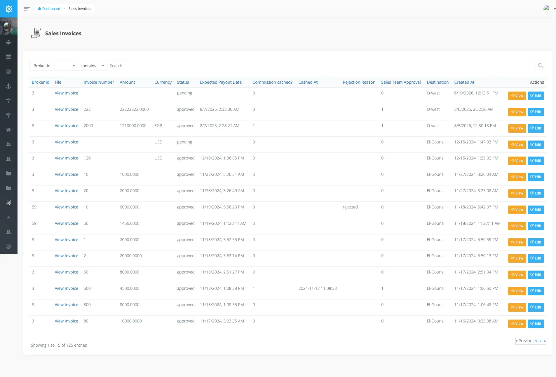 Voyager Sales Invoices BREAD — broker commission invoices with status, sales-team approval, commission-cached, and expected-payout-date columns.
